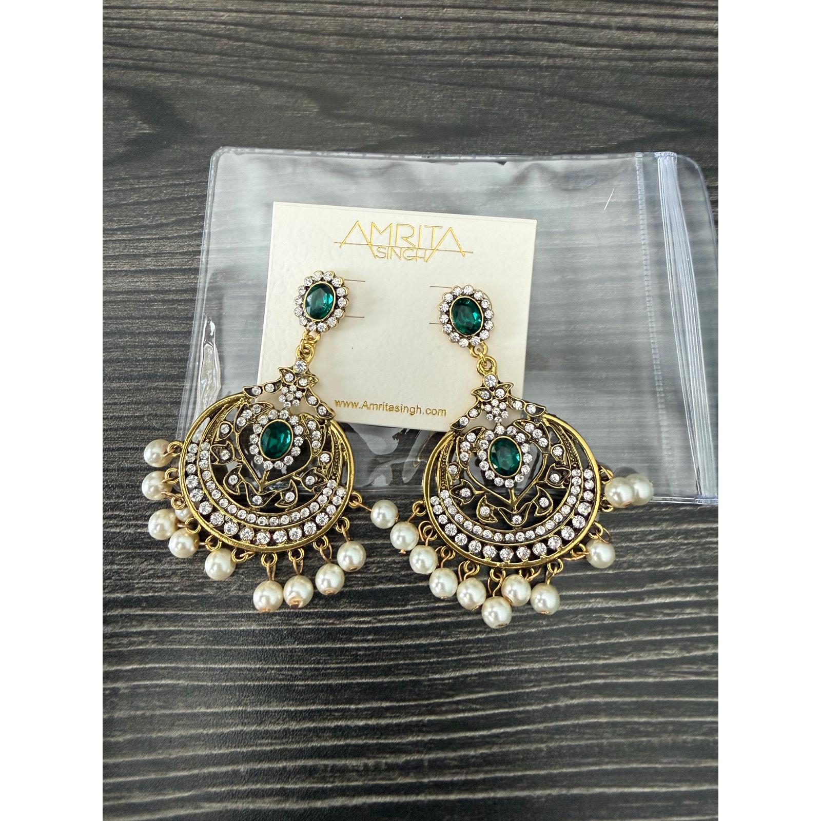 Nwt Amrita Singh Emerald Green And Crystal Chandbali Earrings 21$